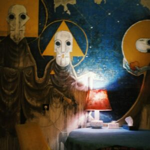 painting of masked figures on a starry background with a lamp before them